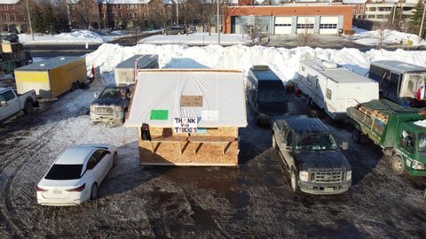 Ottawa , Canada - 02 03 2022: Aerial View Of The Free Food Shack Sitting In Storage At Coventry Road Base Camp In Ottawa. Circle Dolly