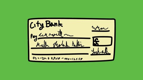 Writing cheque with black pen on abstract green background
