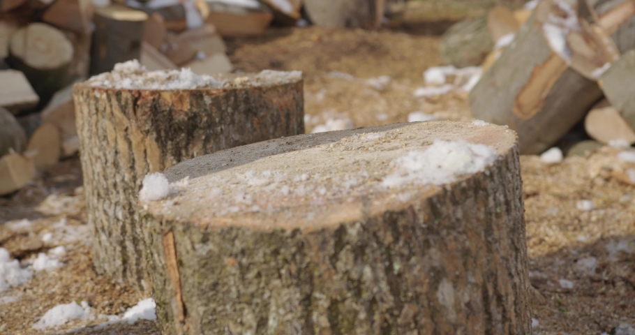 three blows of a black ax on a large log, after which it splits in half. splitting firewood in the village in winter. ax hitting wood. close-up Royalty-Free Stock Footage #1088045231