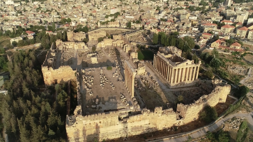 Aerial view of Baalbek temple complex. Roman temple ruins from above, Lebanon culture Royalty-Free Stock Footage #1088045949