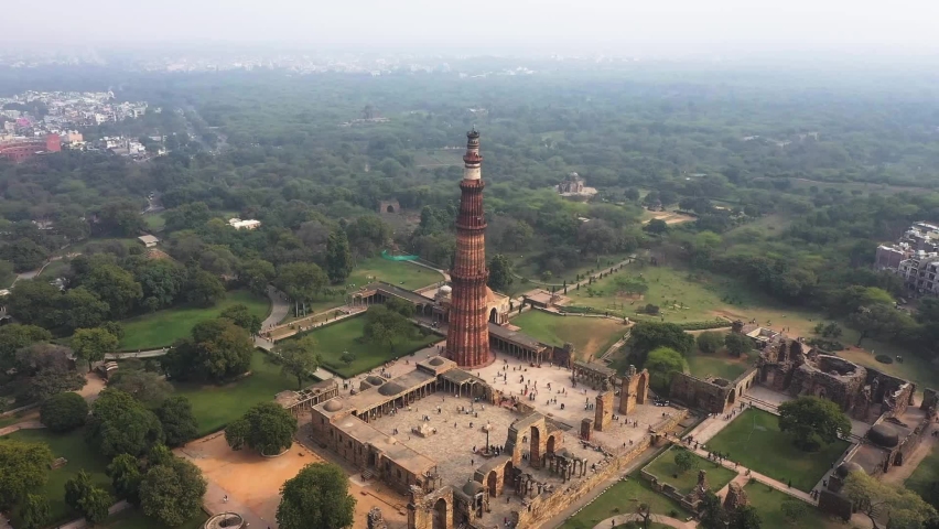 Aerial View of Qutb Minar, tallest minaret in the world made up of bricks, India, Delhi, 