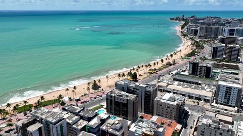 Town of Maceio Alagoas Brazil. Landmark beach at Northeast Brazil. Tropical Travel. Vacations destinations. Beach tourism landmark. Maceio Alagoas. Maceio Brazil. Beach recreation aerials landscape. 