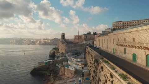 Aerial view of Valletta city - capital of Malta. Siege Bell War Memorial, Morning