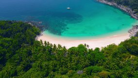 Nature video Aerial view Landscape above beach in island Blue and clear seawater in sunny day. Phuket Thailand 2022.