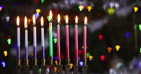 Menorah of Hanukkah with burning candles is Jewish holiday for traditional symbol