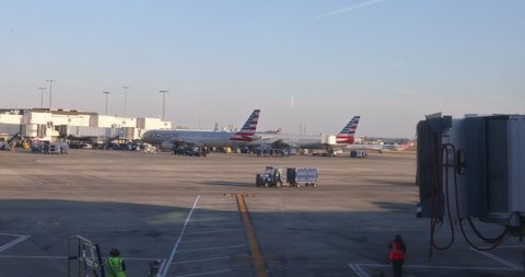 11 February 2022 Charlotte Douglas International Airport NC US: American Airline airplane after landing to the international terminal the aircraft to the gate