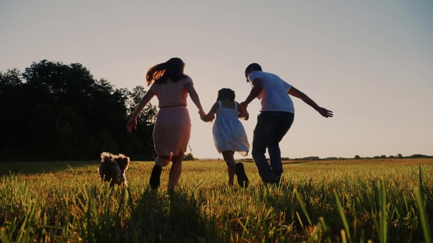 happy family running in the park. dad and mom silhouette throw up their daughter up holding hands run next to a dog in a park in nature. friendly family outdoor running together at sunset back view Royalty-Free Stock Footage #1088054405
