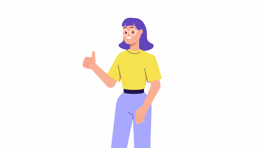 Happy young woman standing and showing thumb up. Character Animation. positive emotion, hand gesture. like, agree, approve concept, success, satisfaction. 2d flat cartoon style | Shutterstock HD Video #1088054495