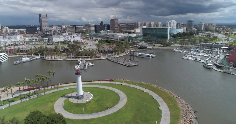 Aerial drone footage of Downtown Long Beach on a cloudy day 