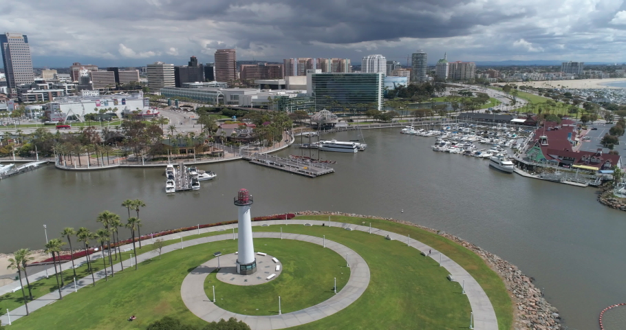 Aerial drone footage of Downtown Long Beach on a cloudy day 