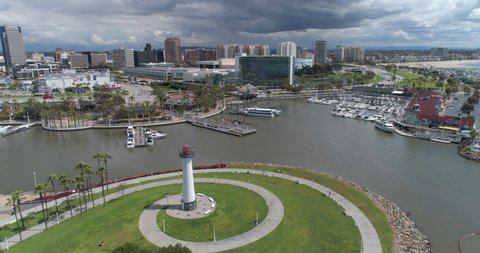 Aerial drone footage of Downtown Long Beach on a cloudy day 