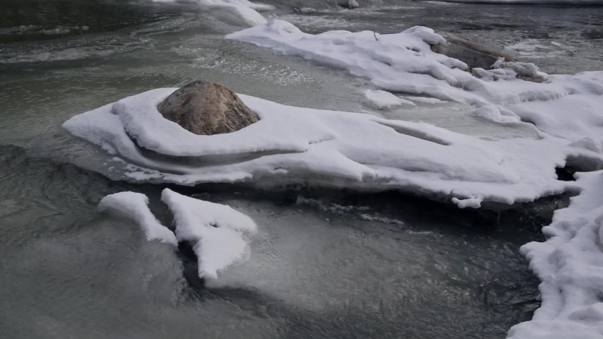 Motion of frozen water with snow on the river at the National Park