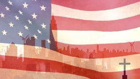 Animation of christian cross over waving flag of usa and cityscape. religion, faith, christianity and american patriotism concept digitally generated video.
