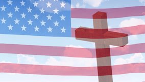 Animation of christian cross and clouds over waving flag of usa. religion, faith, christianity and american patriotism concept digitally generated video.