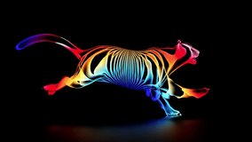 3d render of abstract art with surreal wild leopard big cat animal in running process based on neon glowing curve wavy lines forms in purple blue red and white color on black background  