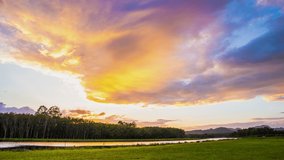 4k Time-lapse, View of Colorful dramatic sky sunset or sunrise with Moving clouds background on River, Time lapse sky with cloud in nature and travel concept. High quality video nature foottage