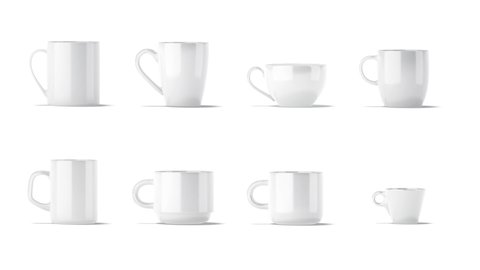 Blank white ceramic mug mock up set stand, looped rotation, 3d rendering. Empty turning cylindrical, bistro, cappucino, rounded, d-handle, stacking, hugable, espresso cup isolated on white background.