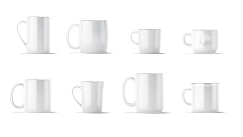 Blank white ceramic mug mockup set stand, looped rotation, 3d rendering. Empty turning cylindrical, barrel, dinera, stacking, c-handle, flared, enamel, large cup mock up, isolated on white background.