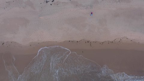 Young couple on the beach. Aerial shot of a happy couple walking on the beach at sunset. Aerial view of couple walking through turquoise waves on beach. 4K Drone view of coastline