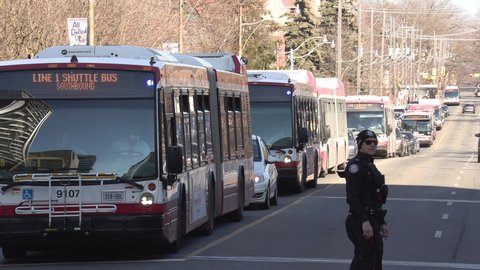 Toronto, Ontario, Canada March 2022 Public transit buses stuck in gridlock car traffic in city streets
