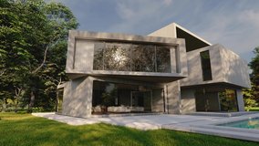 3D animation of a big exposed cement contemporary villa with garden and pool
