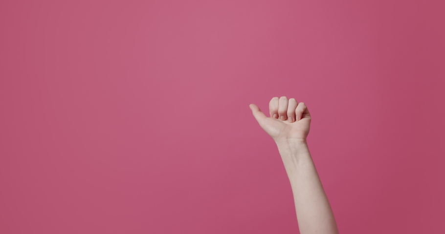 Hand bends fingers on white background 1,2,3,4,5, and sigh Okey, say hello. Closeup shot of human hand on isolated pink background. Royalty-Free Stock Footage #1088063613