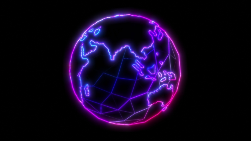 Seamless animation of low poly neon rotating earth globe with black background. Royalty-Free Stock Footage #1088063755