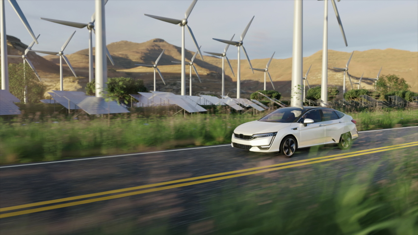 Electric Car Driving on the Road with a background of Windmills Turbine Farm and Solar Panels. 3D Realistic Animation. Self-driving Generic Auto. New Technology. Alternative Energy. Eco Nature. | Shutterstock HD Video #1088064279