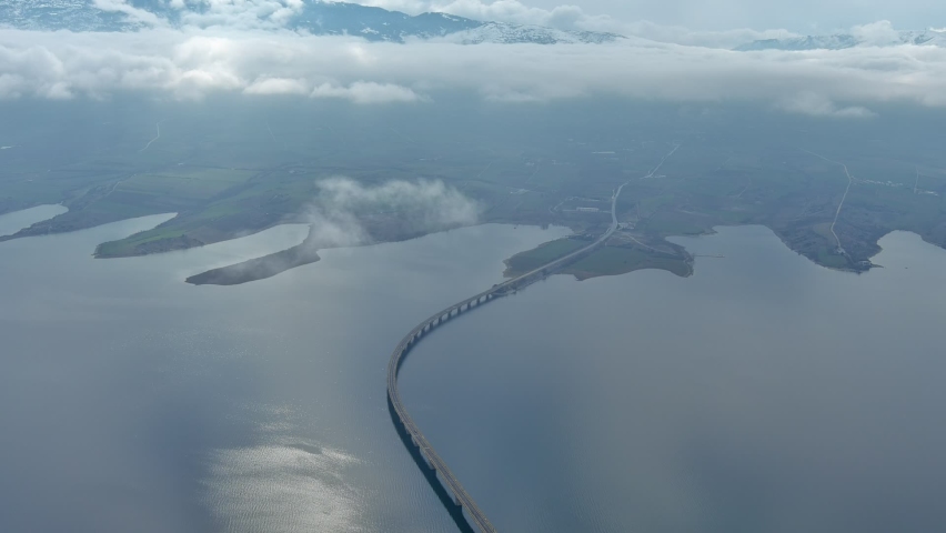 aerial over Kozani lake with Servia bridge. no sound no edit