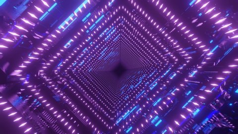 Blue hologram. 4k seamless looped animation. Fly through mirror tunnel with neon pattern, glow lines form sci fi pattern. Bright reflection neon light. Simple bright background, sci fi structure