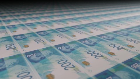 Israeli 200 shekels bills on money printing machine. Video of printing cash. Banknotes.