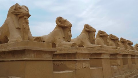Ram-headed sphinx statues avenue in Karnak Temple Complex. Antique luxor monuments from sandstone. Tourist sightseeing attraction, sculptures. Ancient civilization remains, cultural heritage of Egypt