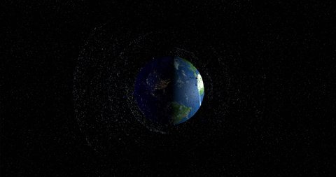 Panoramic view of space debris floating in the orbit of planet Earth. Old satellites, rockets of support, pieces of metal are a threat because they can collide with the new satellites. 3D Animation