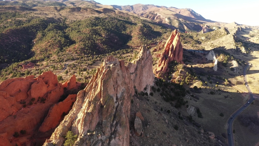 Panning shot of Garden of the Gods in Colorado Springs, Colorado.