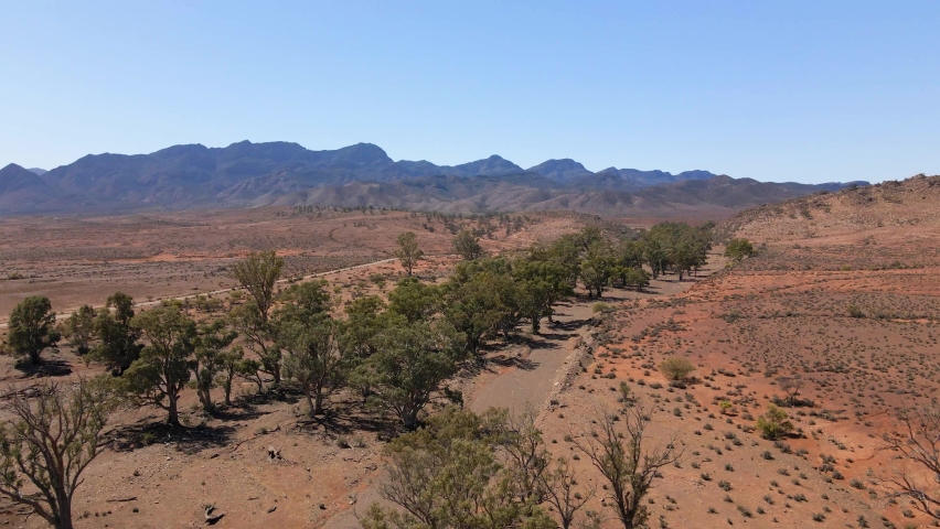 Flyover iconic Moralana Scenic Drive, Flinders Ranges National park. Australia