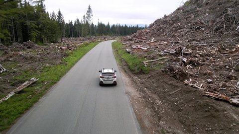Cougar , WA , United States - 05 22 2021: Following a white Subaru Crosstrek through a recently clear cut forest area, Illustrative Editorial