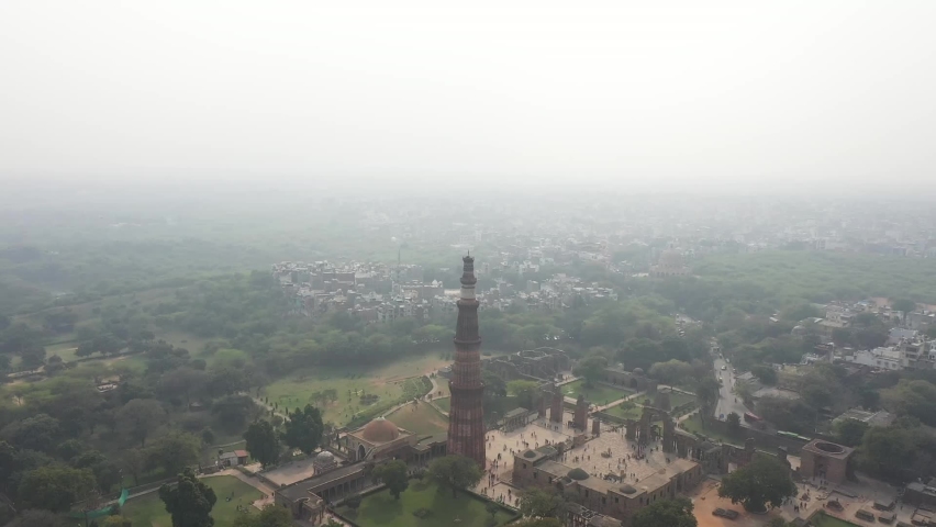 Aerial View of Qutb Minar, tallest minaret in the world made up of bricks, India, Delhi