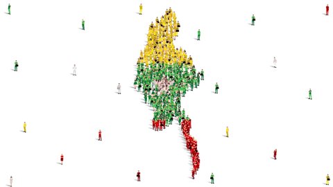 Myanmar or Burma Map and Flag. A large group of people in the Myanmar or Burma flag color form to create the map. 4K Animation Video.