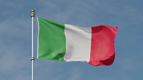 Flag of Italy Waving in the wind, Sky Background, Realistic Animation, 4K UHD 30 FPS. Italian flag waving at wind against beautiful blue sky. Looped animation. Loop.