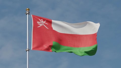 Sultanate of Oman Flag. 4K 3D Realistic Waving Flag with Sky Background. Flag of Oman waving at wind against beautiful blue sky. Looped animation. Loop.