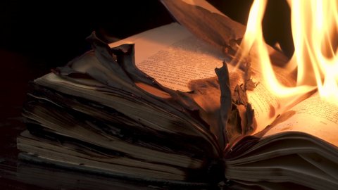 An open book is on fire. Big bright flame, burning paper on old publication. Bonfire conflagration in the dark. Book Burning - Censorship Concept. Close-up