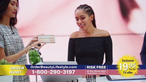 TV Show Infomercial: Female Host, Beauty Expert uses Blush Contour Palette on a Beautiful Black Model, Present Best Products, Cosmetics. Playback Television Commercial Advertisement Channel. Close-up