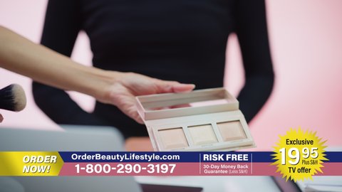 TV Show Infomercial: Female Host, Beauty Expert uses Blush Contour Palette on a Beautiful Black Model, Present Best Products, Cosmetics. Playback Television Commercial Advertisement Channel. Close-up