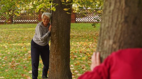 Two elderly pensioners playing hide-and-seek behind the trees in a park. High quality 4k footage
