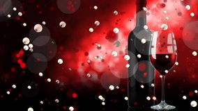 Animation of blinking lights over red wine bottle on red and black background. wine business, tasting and celebration concept digitally generated video.