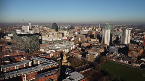 BIRMINGHAM, UK - 2022: Birmingham city centre UK generic sliding aerial view