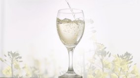 Animation of white wine pouring into glass on background with plants. wine business, tasting and celebration concept digitally generated video.