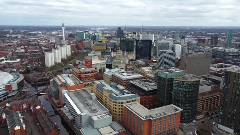 BIRMINGHAM, UK - 2022: Aerial establishing view of Birmingham UK city centre