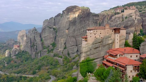 Greece Meteora monasteries in rocks view of cliffs Greece, Europe. landscape place of monasteries on the rock. UNESCO World Heritage. Travel. tourism.