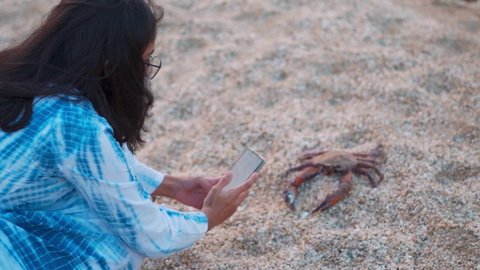 Portrait of Indian woman Taking photograph of crab on sand with mobile phone at beach of bet Dwarka. Marine life of India. Crab at the beach. Travel during summer holidays